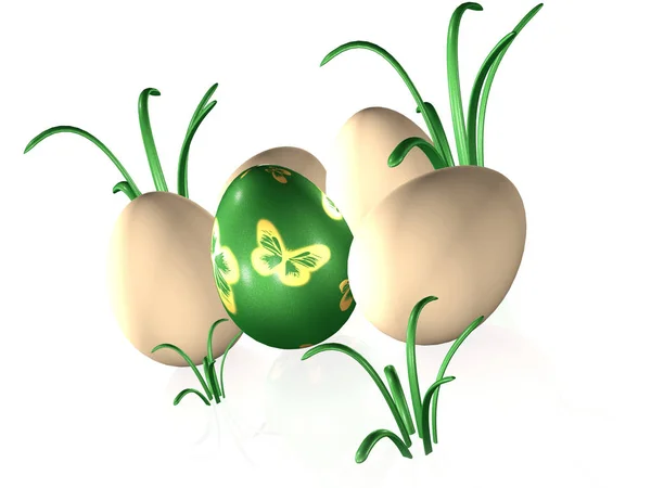 Easter Eggs Grass White Reflective Background Illustration — Stock Photo, Image