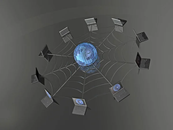Network - notebooks and globe on black background, 3D illustration.