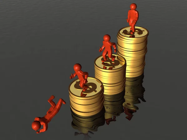 Mans jumping from coins, 3D illustration.