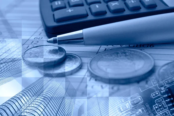 Business Background Blues Money Calculator Pen — Stock Photo, Image