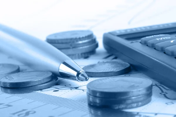 Finanzielle Hintergründe Blues Mit Geld Taschenrechner Lineal Grafik Und Stift — Stockfoto