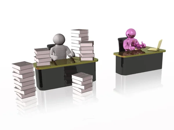 Mans, computer and document cases, white reflective background, 3D illustration.