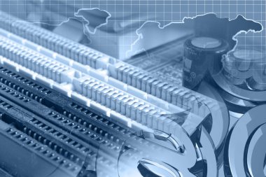 Elektronik aygıt ve harita ile soyut bilgisayar arkaplanı.