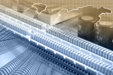 Binaları, elektronik aygıtı ve haritası olan soyut bilgisayar arkaplanı.