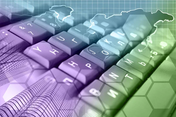 Abstract computer background with keyboard, buildings and map.