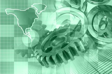 Teçhizat, posta işaretleri ve haritayla soyut bilgisayar arkaplanı.