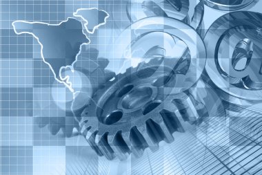 Teçhizat, posta işaretleri ve haritayla soyut bilgisayar arkaplanı.