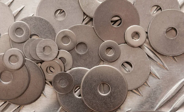 Scattered Metal Washers Range Sizes Slip Steel Grid Industrial Diy — Stock Photo, Image