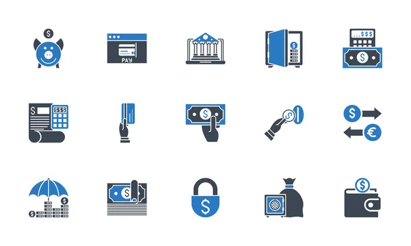Conjunto de ícones bancários. Cor preto e azul . —  Vetores de Stock