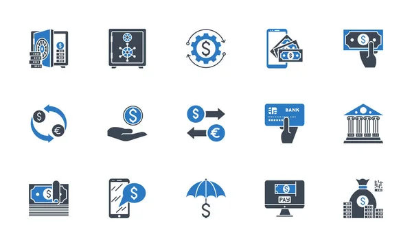 Conjunto de ícones bancários. Cor preto e azul . — Vetor de Stock