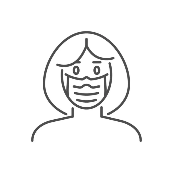 Femme esprit masque médical lié vecteur mince ligne icône. — Image vectorielle