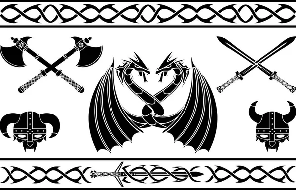 Set Fantasy Viking Tekenen Patronen Vectorillustratie — Stockvector