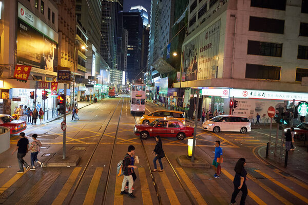 HONG KONG - OCTOBER 25, 2015: view from upper deck of double-decker tramway. The tram is the cheapest mode of public transport on Hong Kong island.