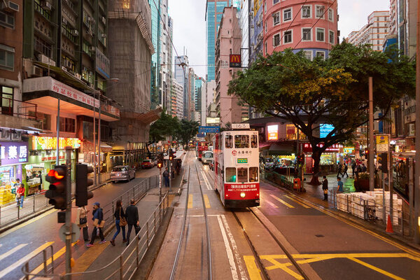 HONG KONG - CIRCA NOVEMBER, 2016: view from upper deck of double-decker tramway. The tram is the cheapest mode of public transport on Hong Kong island