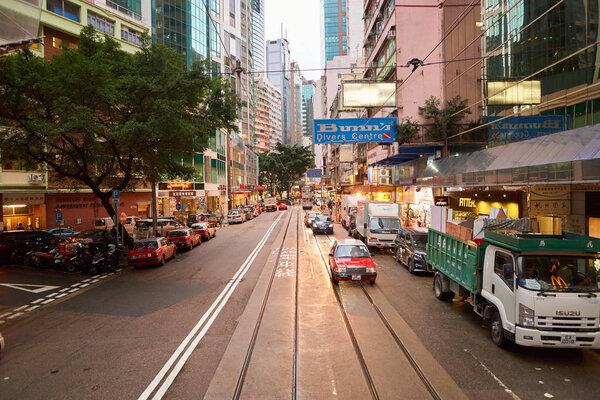 HONG KONG - CIRCA NOVEMBER, 2016: view from upper deck of double-decker tramway. The tram is the cheapest mode of public transport on Hong Kong island