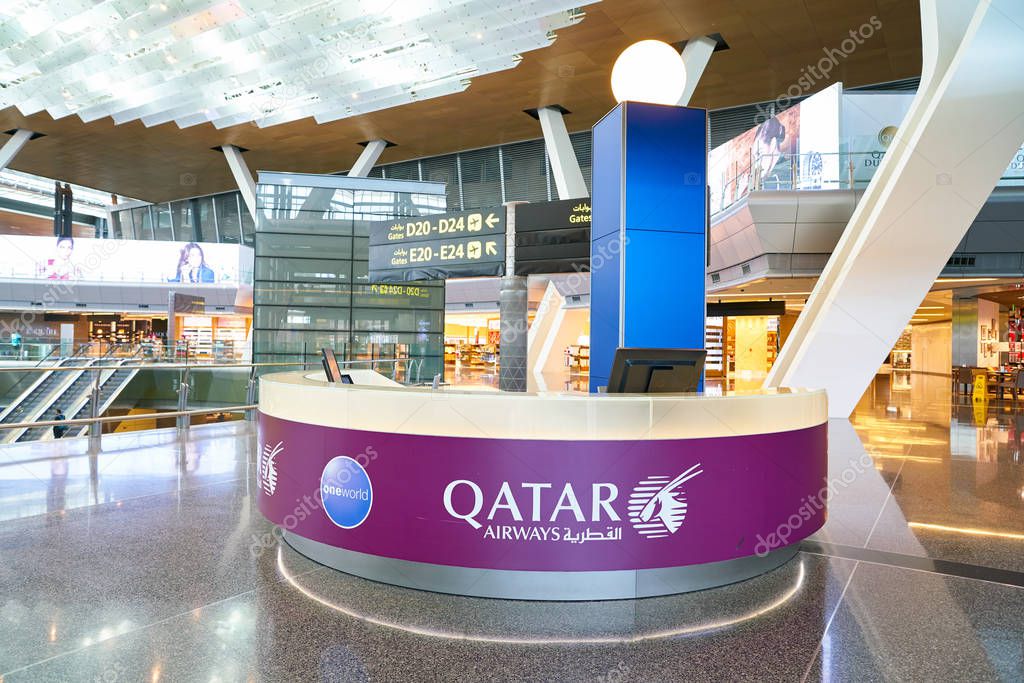 DOHA, QATAR - CIRCA JUNE, 2017: inside Hamad International Airport of Doha, the capital city of Qatar.