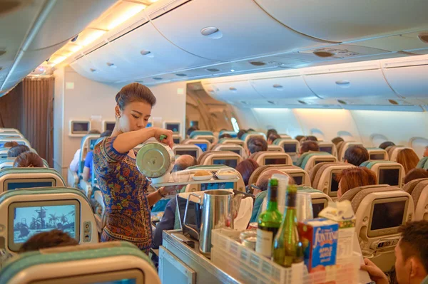 Singapur Noviembre 2015 Auxiliar Vuelo Sirve Comida Bebidas Los Pasajeros — Foto de Stock