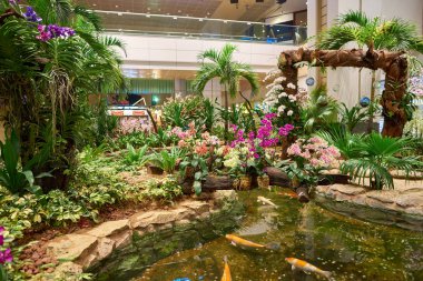 Singapur - yaklaşık Ağustos, 2016: Singapur Changi Havaalanı içinde. Singapur Changi Havaalanı Singapore için birincil sivil Havaalanı ve Güneydoğu Asya'nın en büyük ulaşım merkezleri biridir.