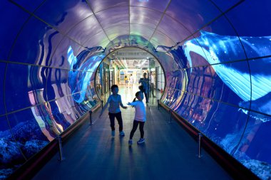 Seoul, Güney Kore - Haziran, 2017 yaklaşık: Namsan Seul Kulesi 1f - Oled tünel. OLED paneller Seviye 1-4 Namsan Seul kuleden her yerde görüntülenir.