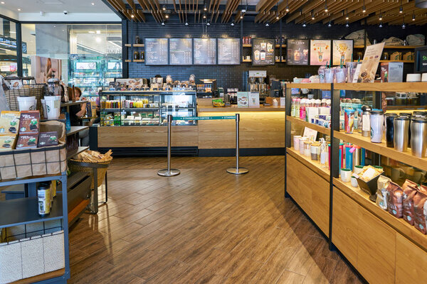 BUSAN, SOUTH KOREA - CIRCA MAY, 2017: sales area at Starbucks coffee shop in Busan. Starbucks Corporation is an American coffee company and coffeehouse chain.