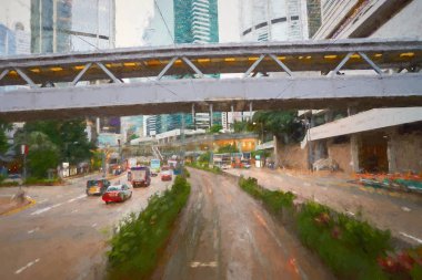 Çin, Hong Kong - 23 Kasım 2016: Çift katlı tramvay üst güverte görünümünden 