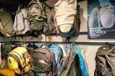 HONG KONG, CHINA - JANUARY 23, 2019: backpacks on display at The North Face store at New Town Plaza shopping mall in Sha Tin.