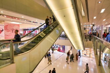 HONG KONG, CHINA - CIRCA JANUARY, 2019: escalators in New Town Plaza. New Town Plaza is a shopping mall, developed by Sun Hung Kai Properties, in the town centre of Sha Tin, Hong Kong.