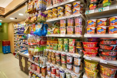 SINGAPORE - CIRCA APRIL, 2019: interior shot of 7-Eleven convenience store in Singapore. A convenience store is a small store that stocks a range of everyday items.