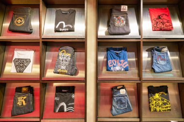 HONG KONG, CHINA - JANUARY 23, 2019: clothes on display at Evisu store in New Town Plaza. New Town Plaza is a shopping mall in the town centre of Sha Tin, Hong Kong.