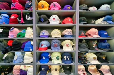 HONG KONG, CHINA - CIRCA JANUARY, 2019: baseball caps on display at a store in Hong Kong.