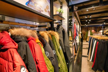 HONG KONG, CHINA - JANUARY 23, 2019: clothes on display at izzue store in New Town Plaza. New Town Plaza is a shopping mall in the town centre of Sha Tin, Hong Kong.