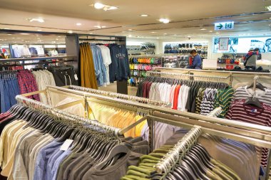 HONG KONG, CHINA - CIRCA JANUARY, 2019: interior shot of H&M store in Hong Kong. Hennes & Mauritz AB is a Swedish multinational clothing-retail company known for its fast fashion clothing.