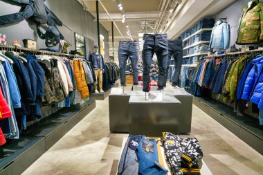 HONG KONG, CHINA - JANUARY 23, 2019: clothes on display at G-Star RAW store in New Town Plaza. New Town Plaza is a shopping mall in the town centre of Sha Tin, Hong Kong.