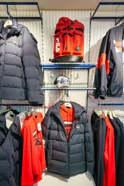 HONG KONG, CHINA - JANUARY 23, 2019: clothes on display at Fila store in New Town Plaza. New Town Plaza is a shopping mall in the town centre of Sha Tin, Hong Kong.