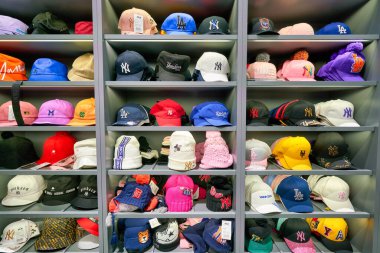 HONG KONG, CHINA - CIRCA JANUARY, 2019: baseball caps on display at a store in Hong Kong.