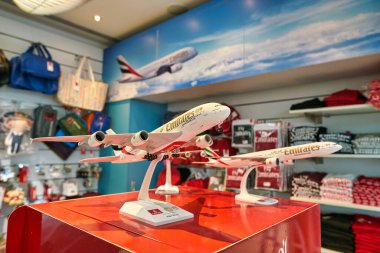 DUBAI, UAE - CIRCA JANUARY 2019: aircraft models on display at Emirates official store in Dubai International Airport.