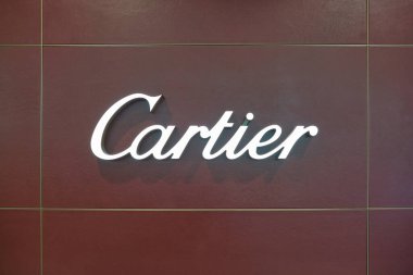 DUBAI, UAE - CIRCA JANUARY 2019: close up shot of Cartier sign Dubai International Airport.