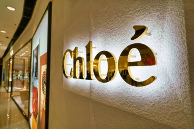 HONG KONG, CHINA - CIRCA JANUARY, 2019: close up shot of Chloe sign seen at a store in ifc mall in Hong Kong. Chloe is a French luxury fashion house.