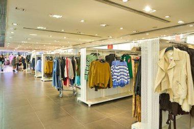 HONG KONG, CHINA - CIRCA JANUARY, 2019: interior shot of H&M store in Hong Kong. Hennes & Mauritz AB is a Swedish multinational clothing-retail company known for its fast fashion clothing.