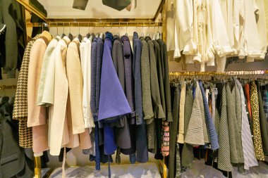 HONG KONG, CHINA - JANUARY 23, 2019: clothes on display at a store in New Town Plaza. New Town Plaza is a shopping mall in the town centre of Sha Tin, Hong Kong.