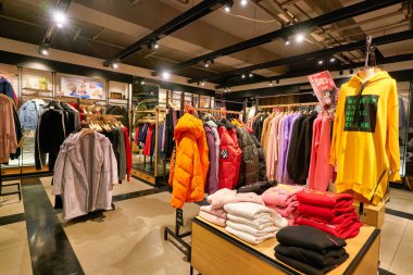 HONG KONG, CHINA - JANUARY 23, 2019: clothes on display at izzue store in New Town Plaza. New Town Plaza is a shopping mall in the town centre of Sha Tin, Hong Kong.