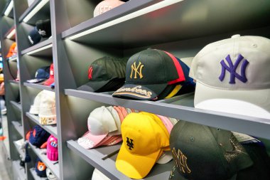 HONG KONG, CHINA - CIRCA JANUARY, 2019: baseball caps on display at a store in Hong Kong.