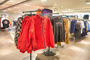 HONG KONG, CHINA - CIRCA JANUARY, 2019: interior shot of H&M store in Hong Kong. Hennes & Mauritz AB is a Swedish multinational clothing-retail company known for its fast fashion clothing.