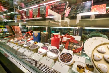 HONG KONG, CHINA - JANUARY 23, 2019: chocolate candies on display at Agnes B Cafe at New Town Plaza shopping mall in Sha Tin.