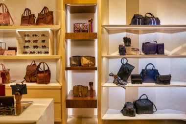 SINGAPORE - CIRCA APRIL, 2019: bags on display at Longchamp store in The Shoppes at Marina Bay Sands.