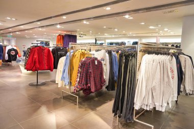 HONG KONG, CHINA - CIRCA JANUARY, 2019: interior shot of H&M store in Hong Kong. Hennes & Mauritz AB is a Swedish multinational clothing-retail company known for its fast fashion clothing.