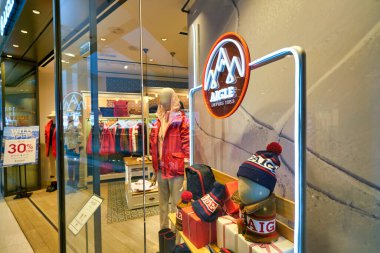 HONG KONG, CHINA - CIRCA JANUARY, 2019: close up shot of display window at Aigle store at ifc mall in Hong Kong.