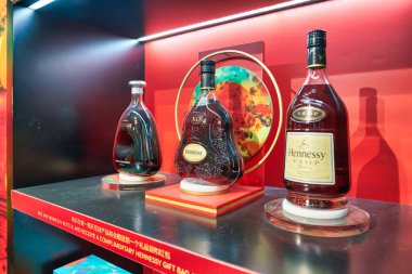 DUBAI, UAE - CIRCA JANUARY 2019: Hennessy Cognac bottles on display at Dubai International Airport.