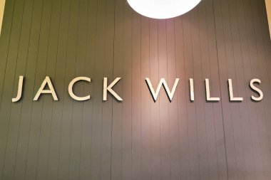 HONG KONG, CHINA - JANUARY 23, 2019: Jack Wills sign seen on a wall at Jack Wills store in New Town Plaza. New Town Plaza is a shopping mall in the town centre of Sha Tin, Hong Kong.
