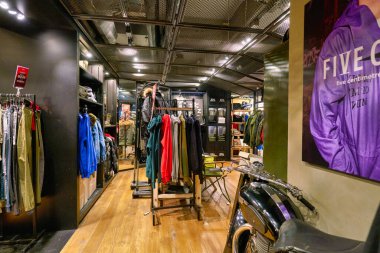 HONG KONG, CHINA - JANUARY 23, 2019: clothes on display at izzue store in New Town Plaza. New Town Plaza is a shopping mall in the town centre of Sha Tin, Hong Kong.